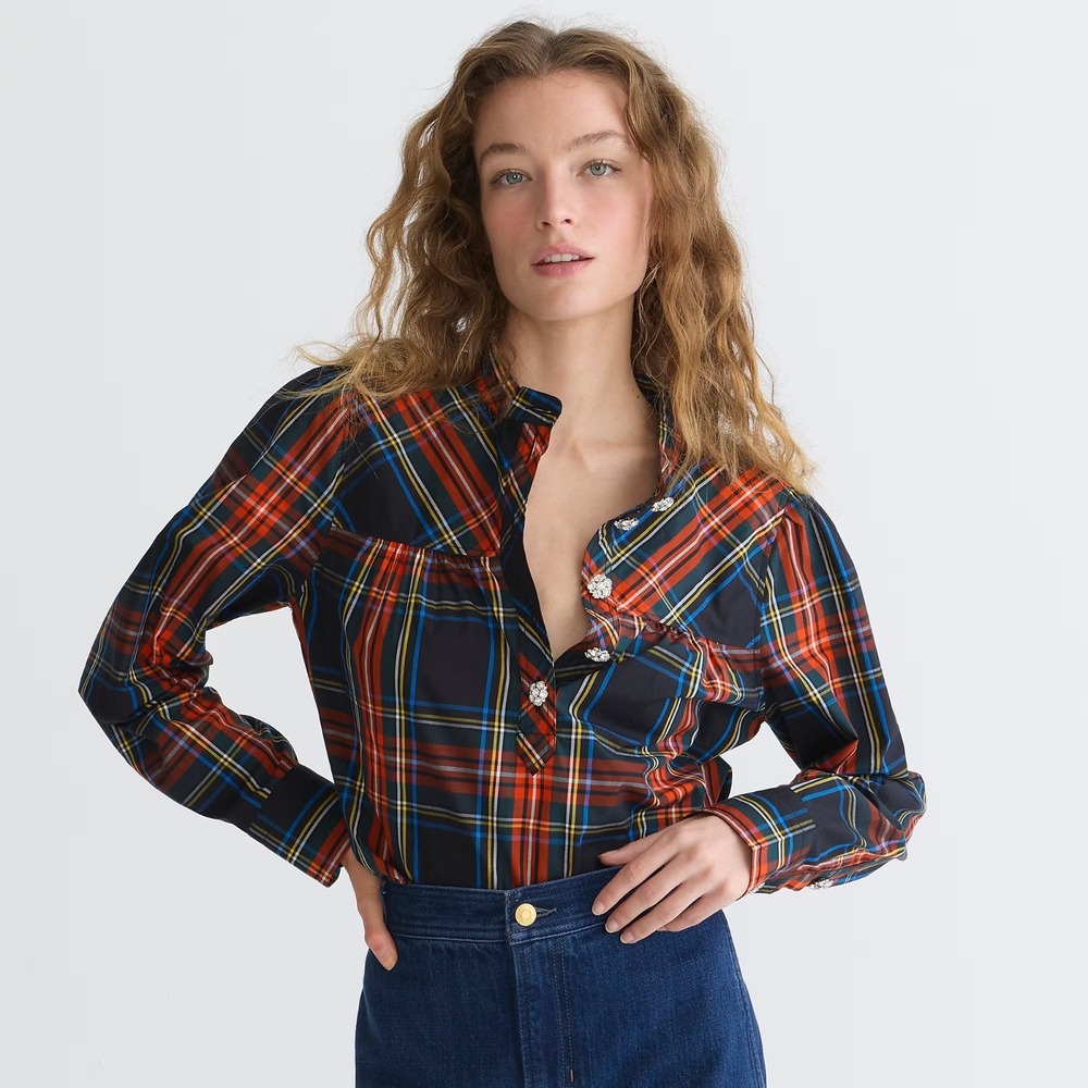 NWT J. Crew Fresco Top Jewel Buttons Stewart Tartan Plaid Red XS Holiday Festive